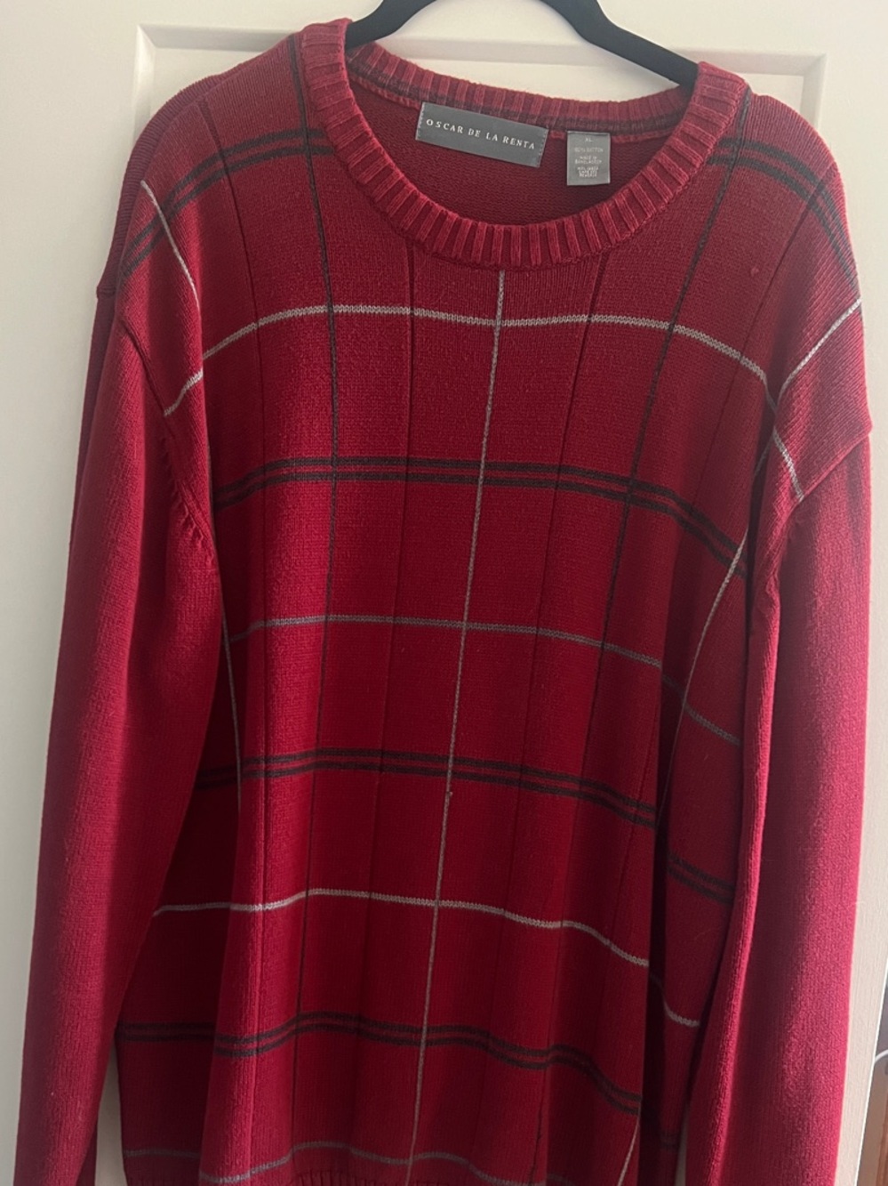 Vintage Oscar de la Renta Red Plaid Crewneck Sweater with Black and Gray pattern